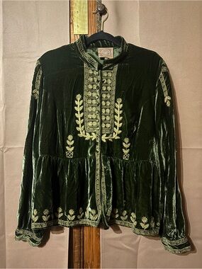 Double D Ranch - Large Boho Embroidered Velvet Jacket - Deep Forest Green